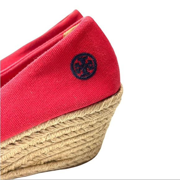 Tory Burch Womens Espadrille Wedge Sandals Filipa 11 B Red Canvas Peep Toe EUC - Picture 3 of 8